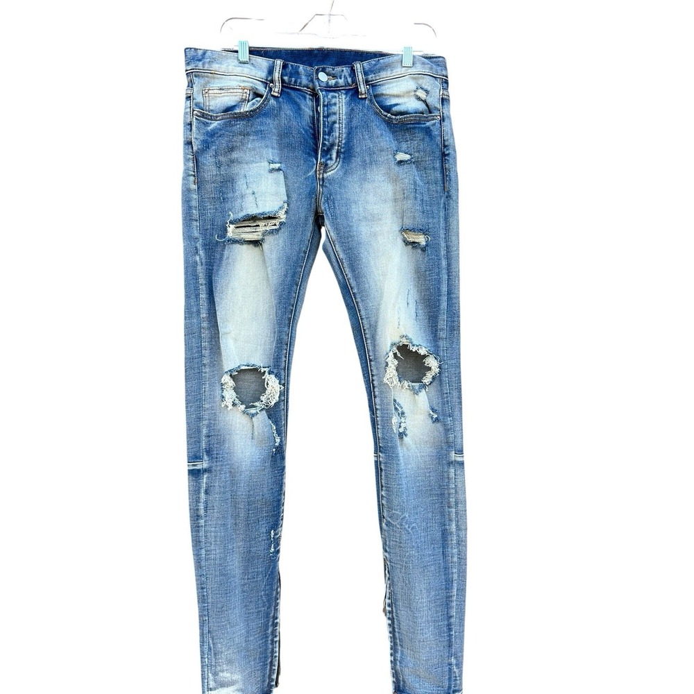 MNML Men's 32x34 Distressed Slim Ft Button Fly Jeans Zip Ankle Blue 79.00